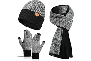 floconssy Men's Winter Hat Scarf Gloves Set, 3 PCS Warm Beanie Long Scarf Fleece Lined Touchscreen Gloves for Cold Weather