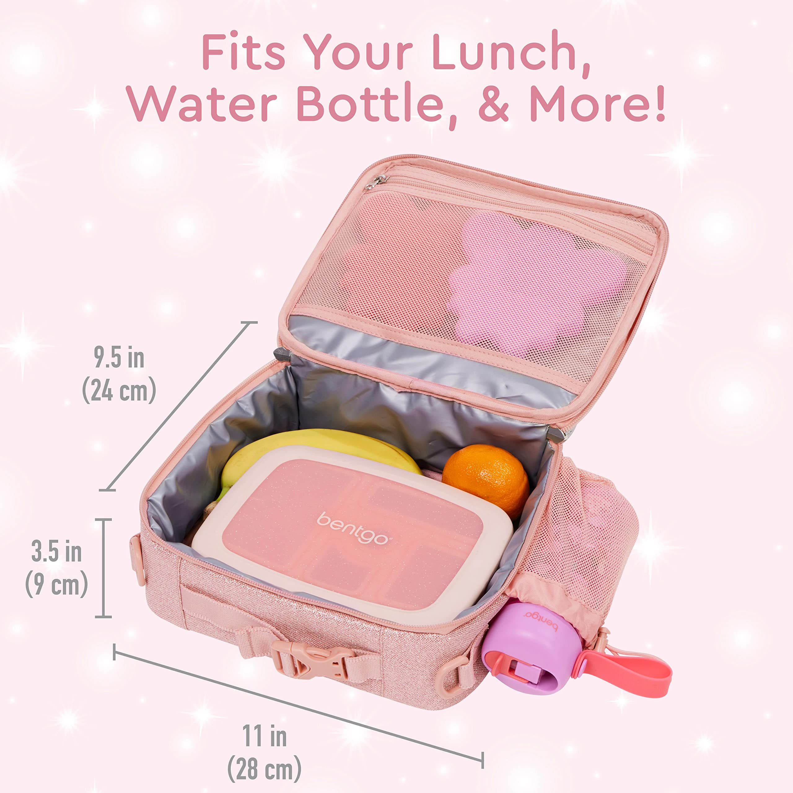 Bentgo Kids Lunch Bag - Double-Insulated, Reusable Lunch Bag for Kids 3+ with Adjustable Strap; Holds Lunch Box/Water Bottle/Snacks; Easy-Clean, Water-Resistant & Pockets (Glitter - Petal Pink)