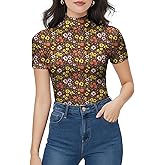 Mock Turtleneck Short Sleeve Tops for Women, Mock Neck Fitted T-Shirt Flowey Print Baselayer Office Tee
