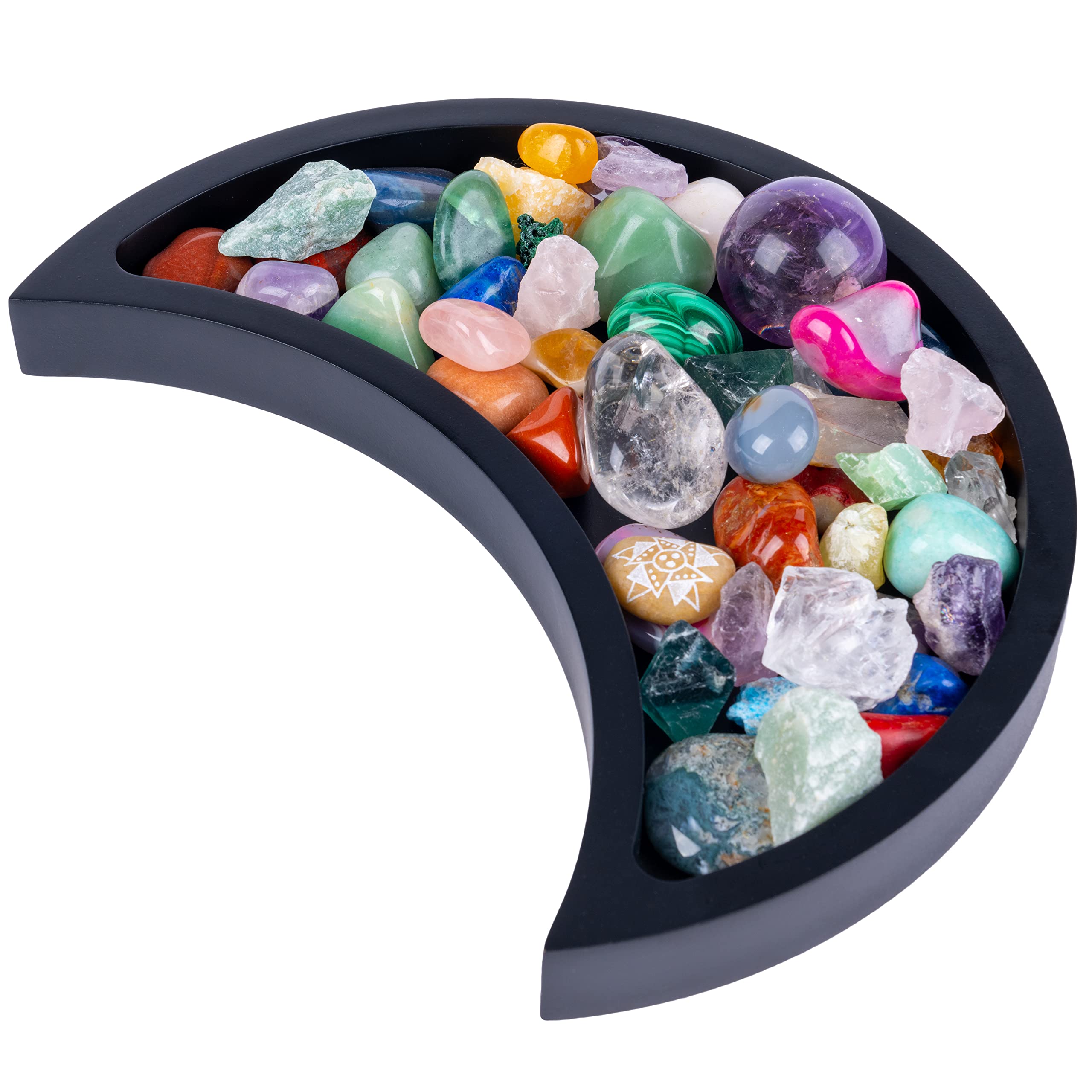 Curawood Crescent Moon Tray - Showcase Your Gems & Healing Stones - 25.4 x 12.7 cm Wooden Crystal Display Tray, Crystal Holder for Stones Display Shelf, Gemstone Rock Holder Charging Bowl, Black, L — image 1