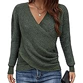 Womens Criss Cross Sweater V Neck Long Sleeve Off Shoulder Pullover Wrap Ruched Knit Casual Fall Winter Jumper Tops