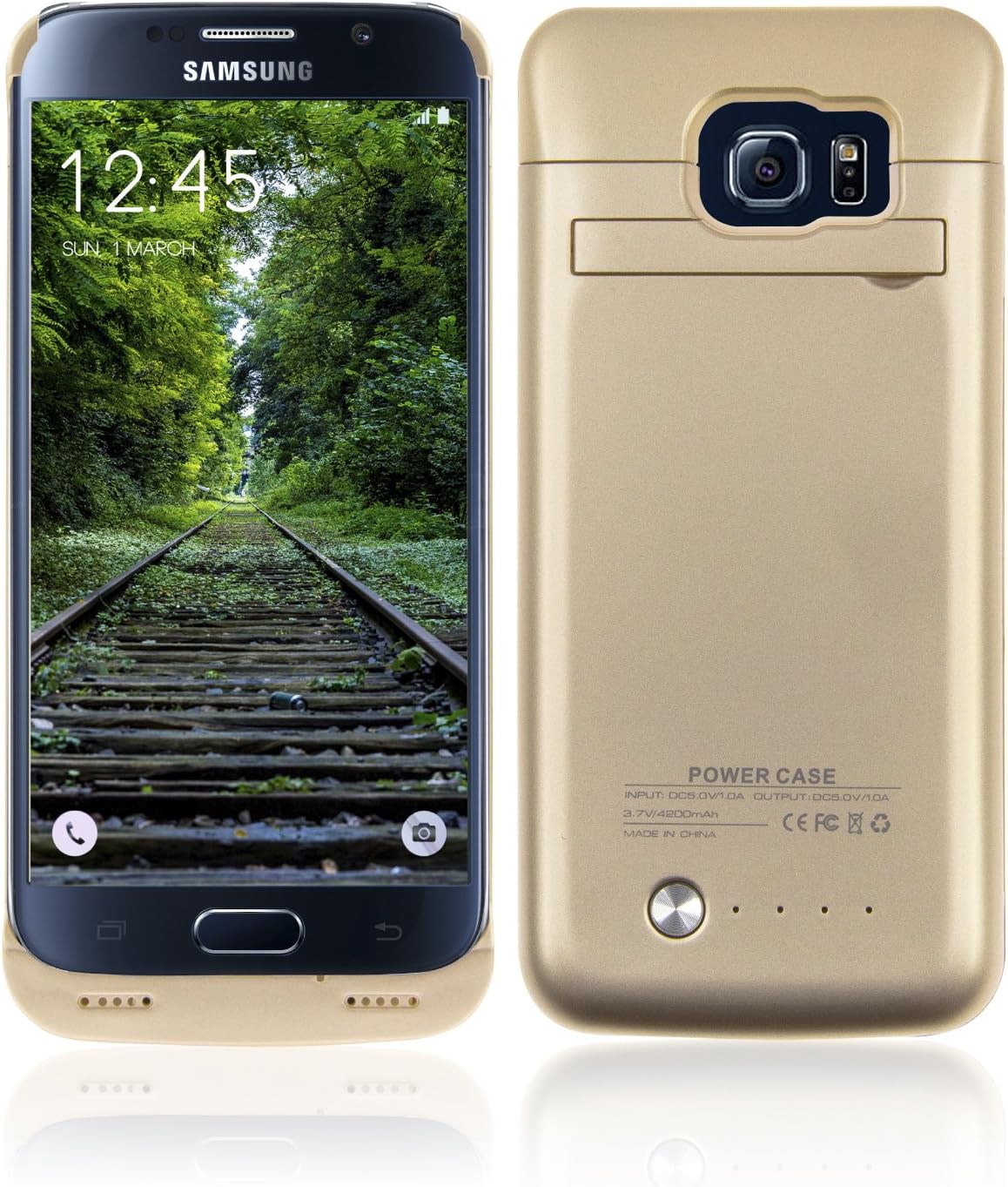 Galaxy S6 Battery Case - SAVFY 4200mAh External Backup Power Battery Charger Case Cover with Kickstand for Samsung Galaxy S6 G9200 (Gold)