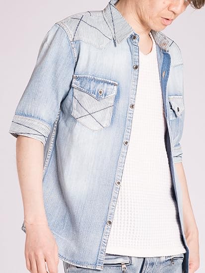 Amazon サックス ヒッコリー Ll シャツ メンズ デニム チェック 切替 五分袖ボタン 春 夏 水色 シャツ 通販