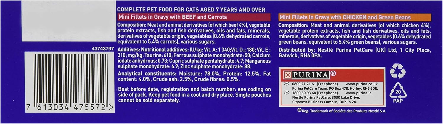 PURINA ONE Senior 7+ Mini Fillets Chicken and Beef Wet Cat Food 8x85g (Pack of 5), Black, 85 g (Pack of 40) - Image 3