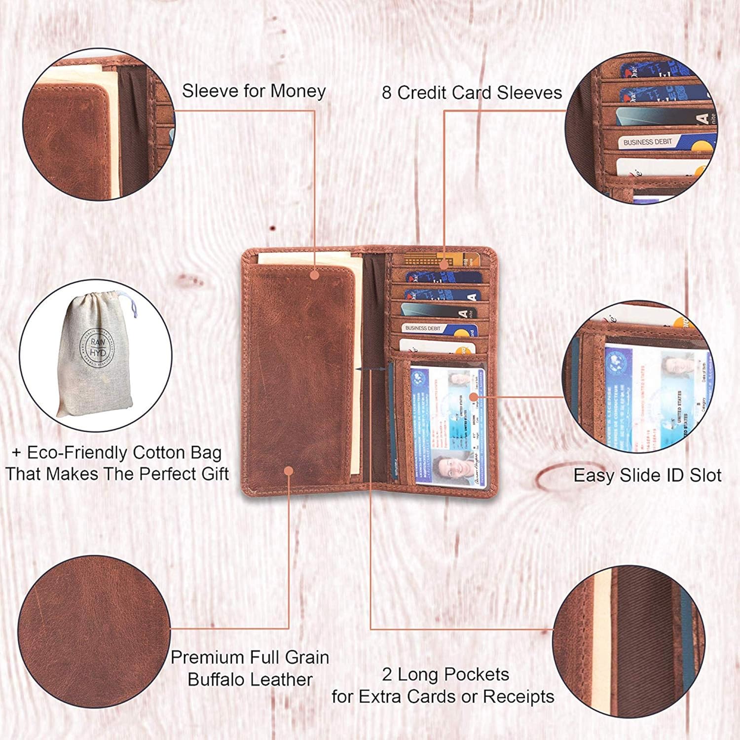 RAWHYD Full Grain Leather Long Bifold Wallet, Hunter Brown, 17.1cm tall, 8.9cm wide, .6cm thick - Image 5