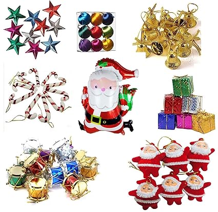 Krisah 99 pcs Christmas Mini Ornaments Decoration Set (Satin Balls, Bells, Stars, Santa Claus Hanging, Candy Canes, Gifts, Drums & Santa Foil Balloon)