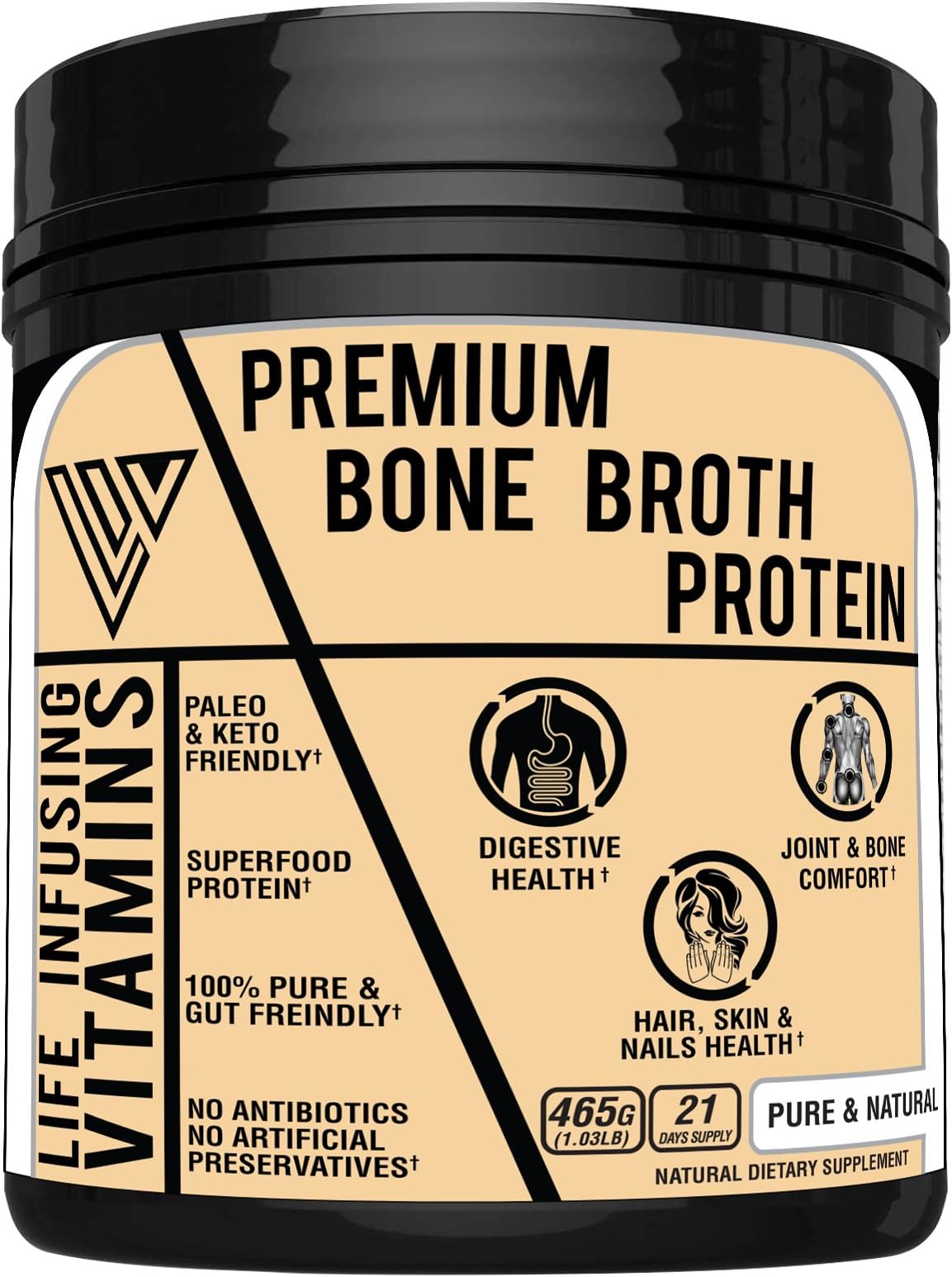Keto Bone Broth Protein Powder, 22g per serving of Pure & Clean Bone Broth Protein, Non-GMO, Gluten Free, Paleo Friendly, Grass Fed Protein, Extra Large size 465g (1.03 lb), Made in USA
