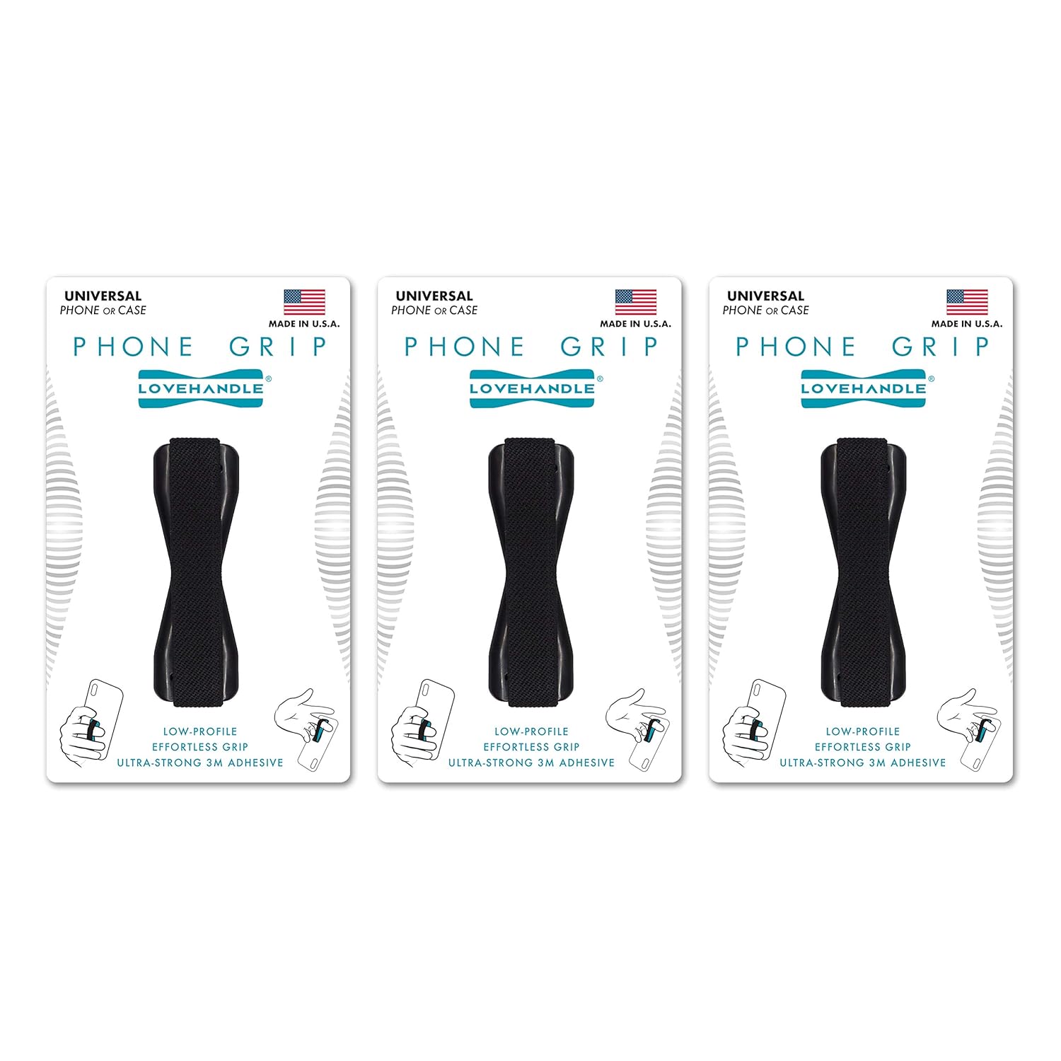 LoveHandle Universal Grip for Smartphone and Mini Tablet - Black Elastic Strap with Black Base - Pack of 3 (LH-03)
