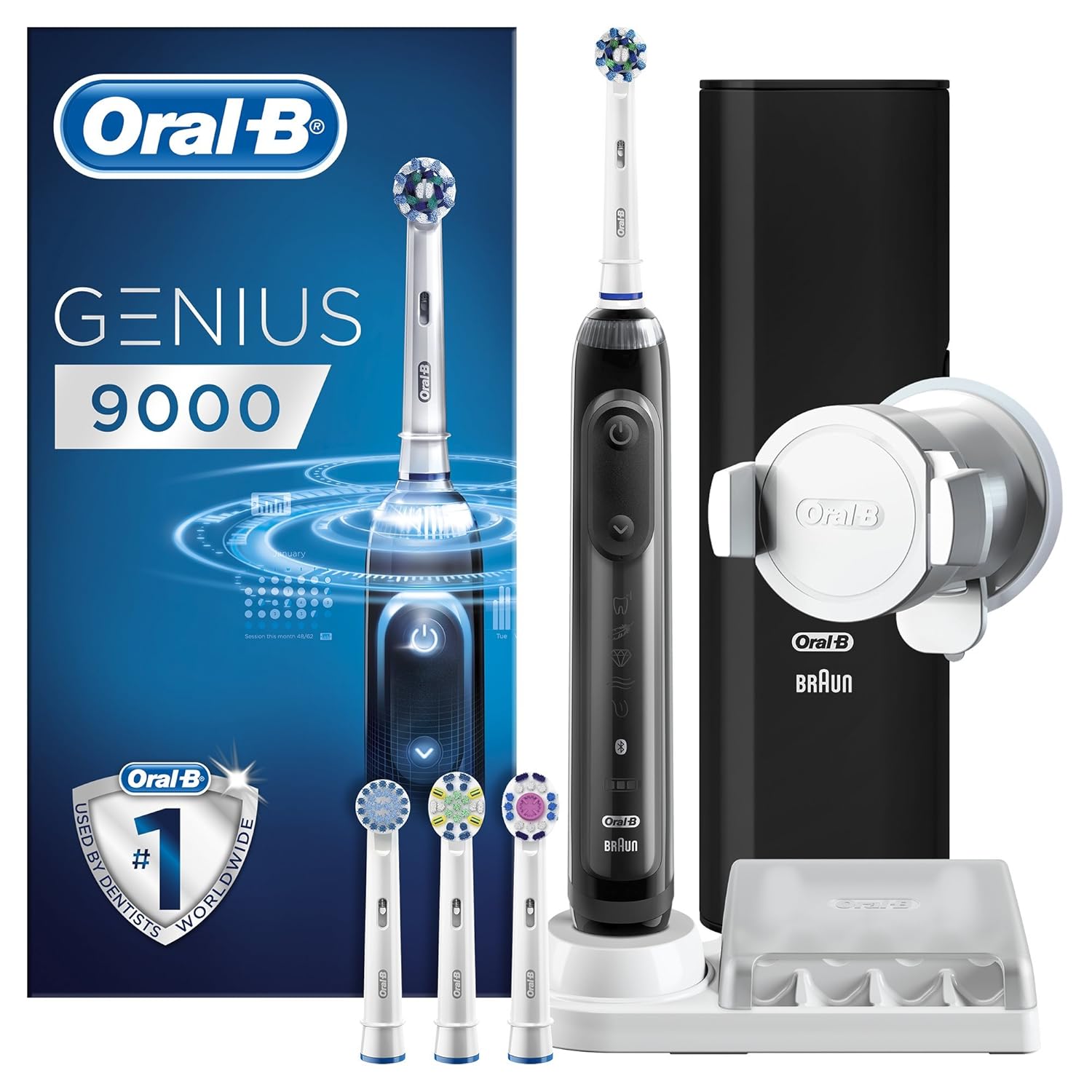 Oral B Genius CrossAction cepillo de dientes eléctrico recargable con tecnología de Braun mango negro modos cabezales de recambio y estuche de viaje con USB