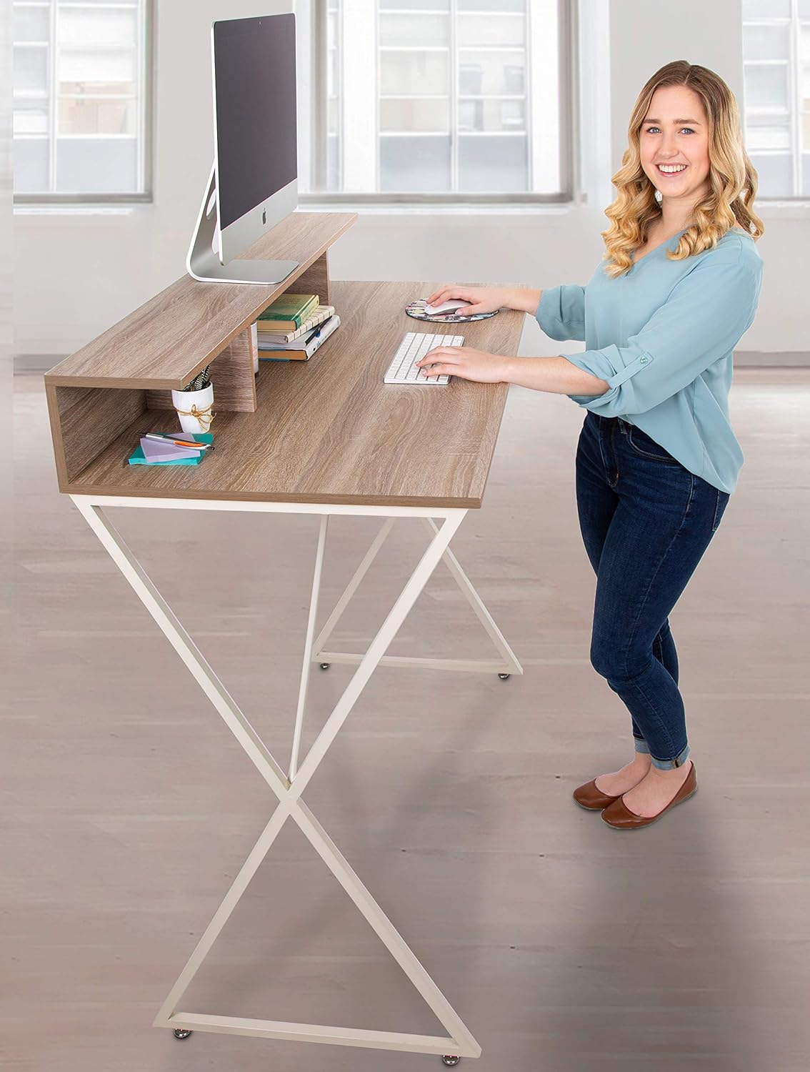 Stand Steady Joy Desk | Modern Stand Up Workstation with Storage Cubbies | Pretty Standing Desk with Large Desktop | Multifunctional Table for Home & Office (Maple / 48 x 42): Office Products