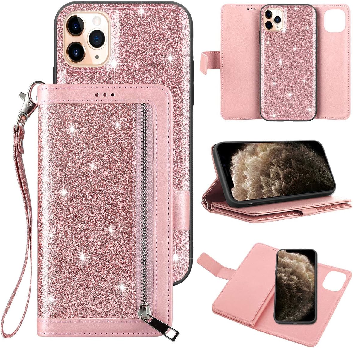 Petocase Compatible iPhone 11 Pro Max Wallet Case,Luxury Bling Classy Leather Folio Flip Wristlet Shockproof Protective Credit Card Slots Holder Carrying Cover for Apple iPhone 11 Pro Max.Rose Gold