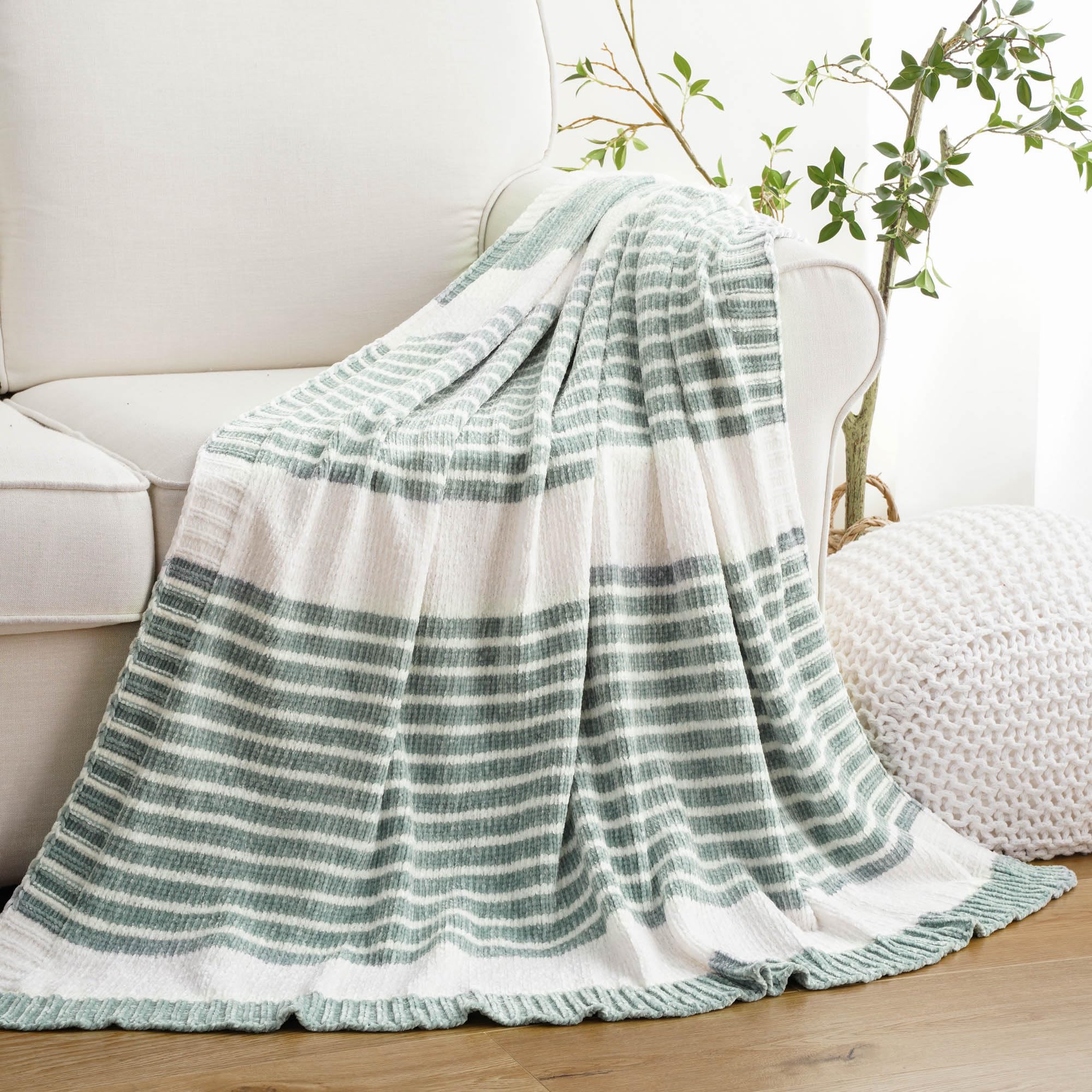BATTILO HOME Sage Green Throw Blanket for Couch, Sage and White Striped Sofa Blanket, Farmhouse Chenille Knit Blanket for Sofa, Bed, Home Decor,