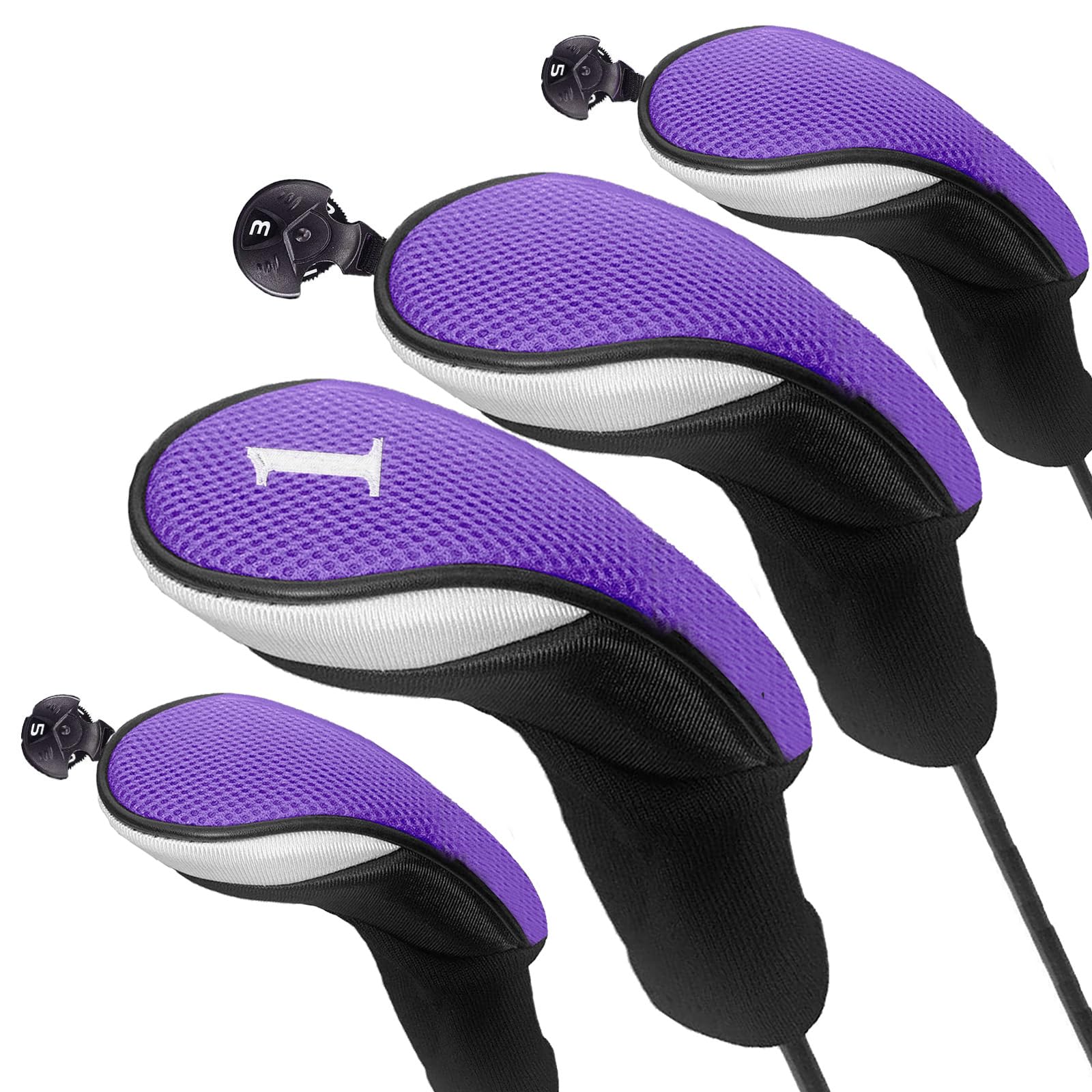 FINGER TEN Golf Club Head Covers for Woods Long Cover Driver Hybrid Fairway, Headcovers with Interchangeable No. Tag Novelty Durable Fit Woods Clubs (Purple-4 pack (1 Driver& 1 Fairway&2 Hybrid))