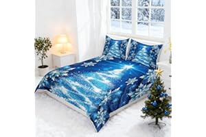 Feelyou Girls Christmas Tree Duvet Cover Blue Xmas Theme Bedding Set Chic Winter Snowflake Comforter Cover for Girls Daughter Bedroom Decor Girly Glitter Bedspread Cover Queen Size 3Pcs