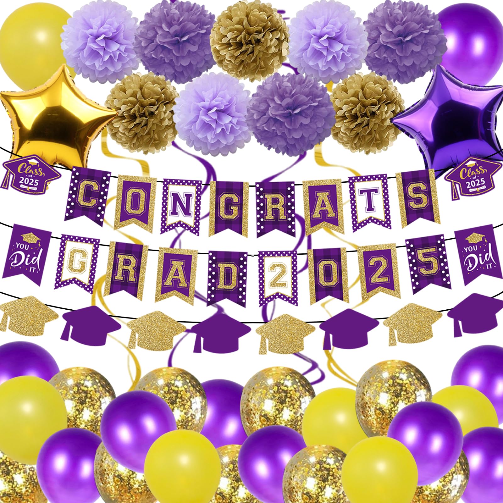 Photo 1 of Purple Gold Graduation Decorations 2025 - Congrats Grad Banners, Paper Pompoms, Star Foil Balloons and Hanging Swirls for 2025 Graduation Party Decoration Supplies