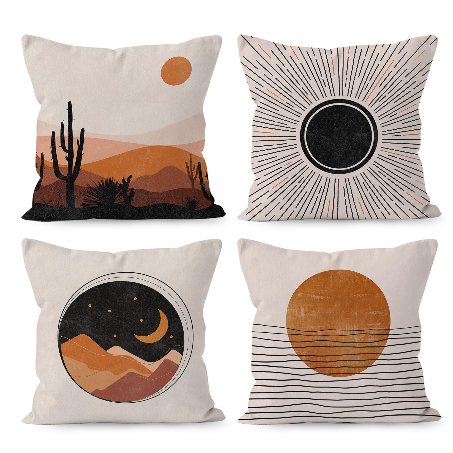 Photo 1 of HUYAW Boho Abstract Sun Moon Sea Sunset Sunrise Line Mountain Throw Pillow Covers, Boho Nature Gifts for Women, Nature Landscape Modern Art Pillow Cases 18 x 18 Inch Home Bed Sofa Decor Set of 4