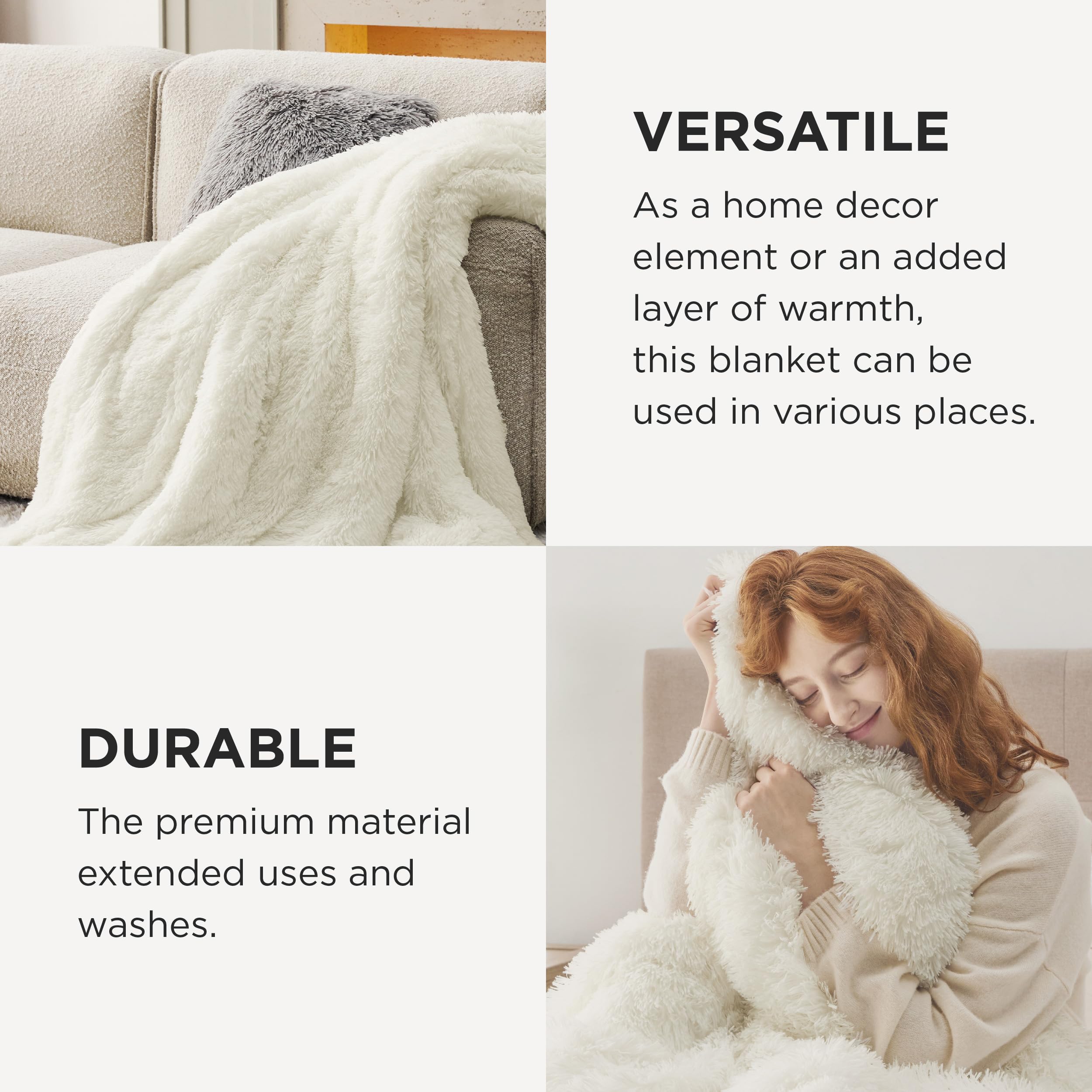 Bedsure Fluffy Cream Throw Blanket Decorative Throw Blankets for Bed Couch Sofa, Cream Decor Sherpa Fleece Soft Cozy Fuzzy Plush Thick Warm Faux Fur Decorations, Ivory Baby Girl Gifts, 50x60