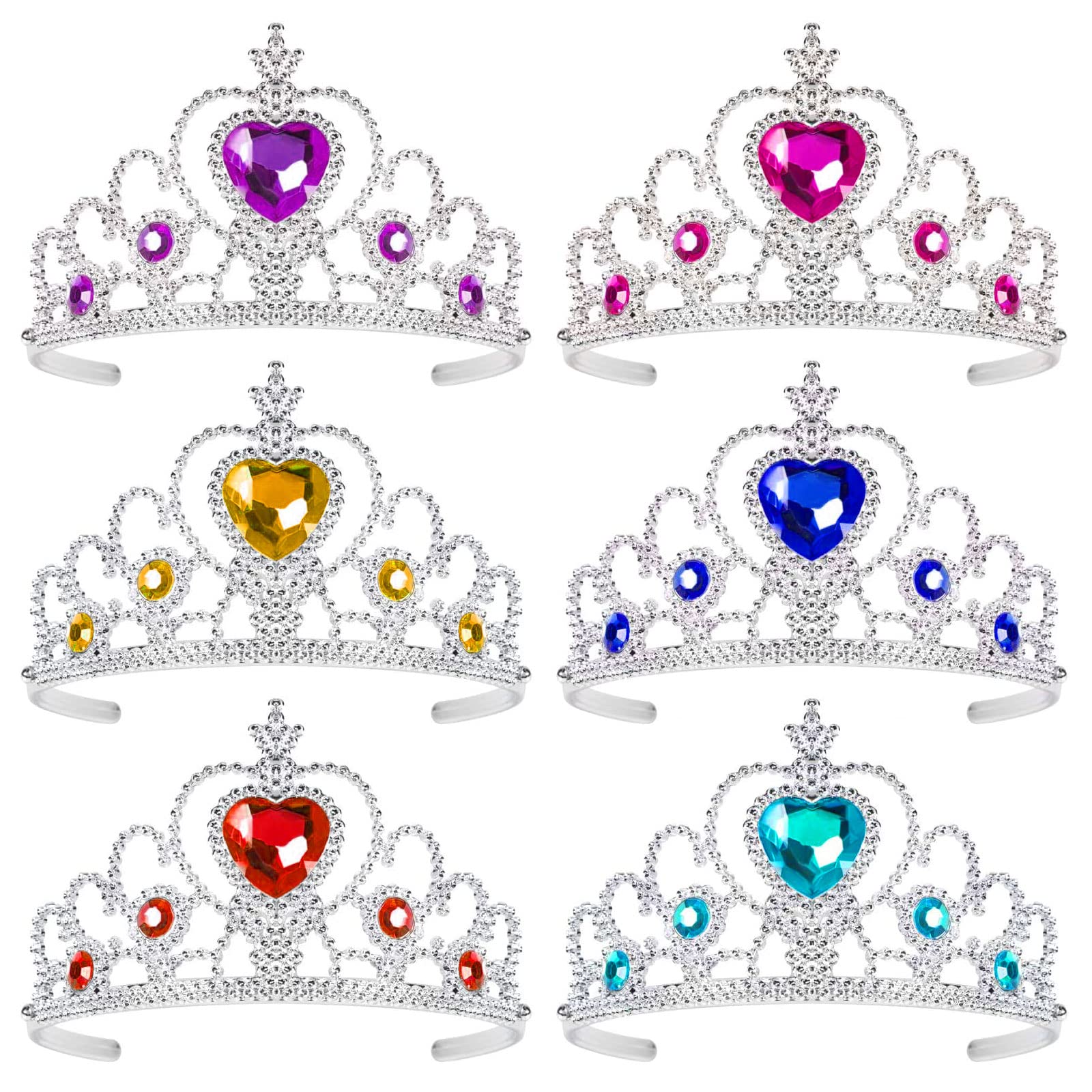 6Pcs Kids Princess Tiara Crown Set Christmas Silver Rhinestone Princess Colorful Crystal Tiara Crown Glitter Crystal Tiara Girls Dress up Party Accessories for Kids Little Girls Birthday Party Favor