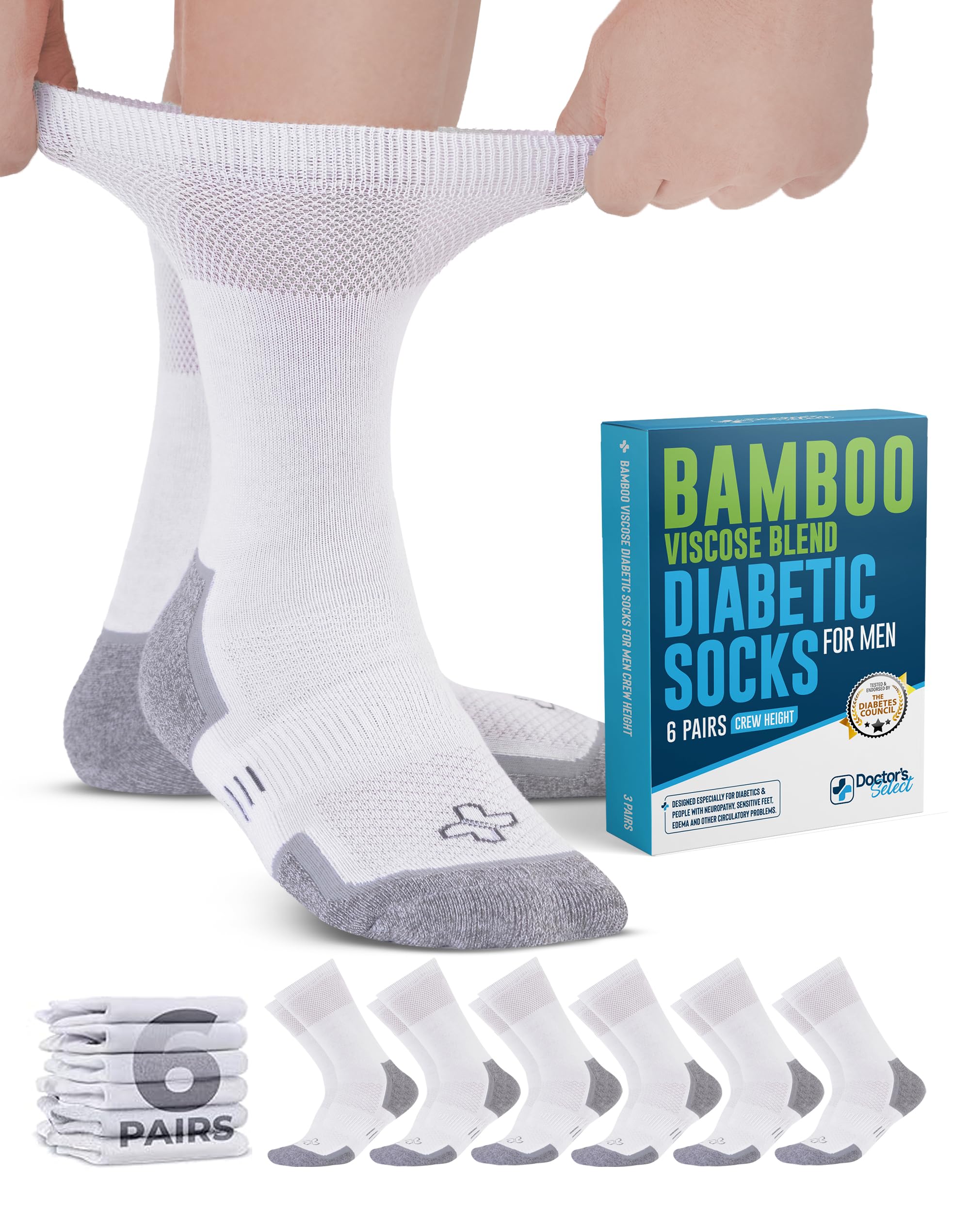 Photo 1 of Doctor's Select White Bamboo Viscose Diabetic Socks for Men - 6 Pairs Crew Diabetic Neuropathy Socks for Men | White