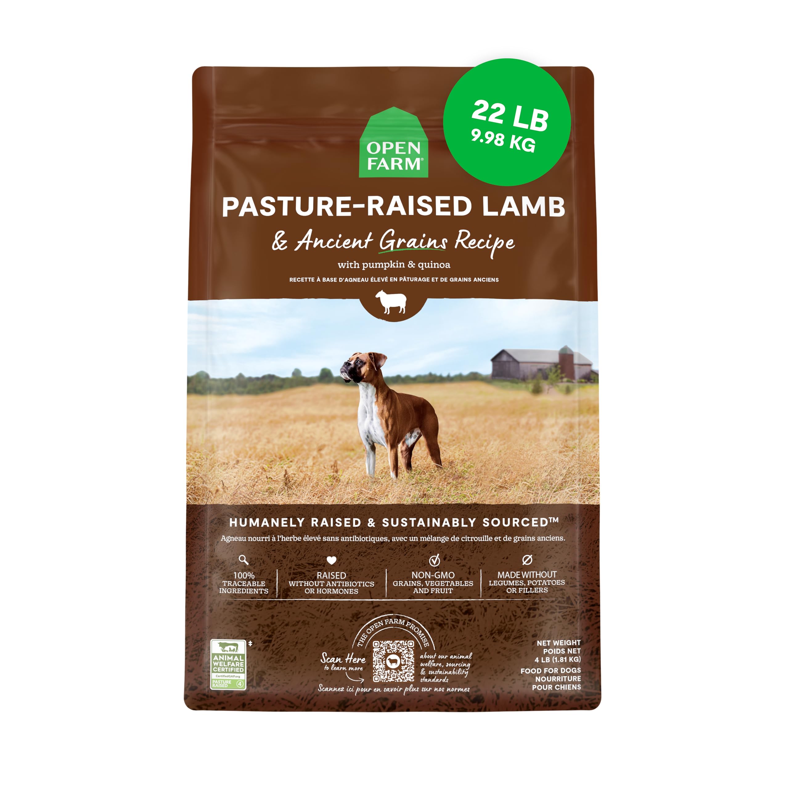 Open Farm, Ancient Grains Dry Dog Food, Protein-Rich & Nutrient Dense, 90% Animal Protein Mixed with Non-GMO Fruits, Veggies and Superfoods, Pasture Raised Lamb Recipe, 22lb Bag Image