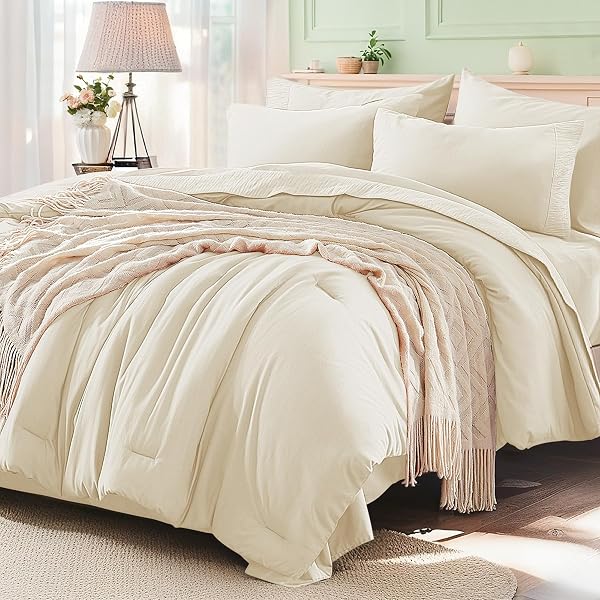 ANLUOER CREAM QUEEN COMFORTER SET 7 PIECES, BED...
