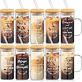 Sunnychicc 10 Pcs Christian Glass Cup with Handle Lid Straw Brush and Sleeve 13.5oz Bible Verse Coffee Cup Inspirational Religious Tumbler Gift for Women Men Employee Office(Christian)