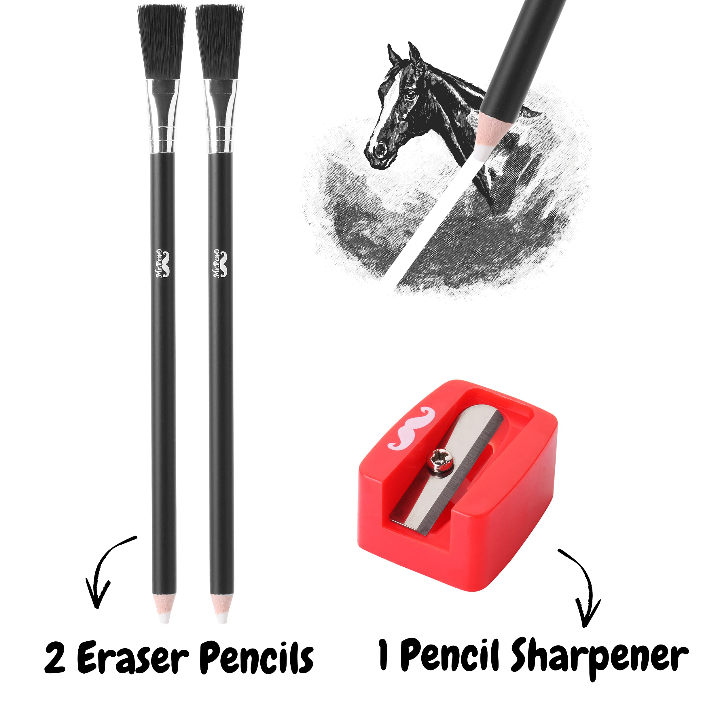 Mr. Pen Eraser Pencil with Brush, 3 Pcs, 2 Eraser Pencils, 1 Sharpener, Artist & Drawing Set