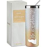 Onebttl Golden Retriever Gifts for Women & Dog Moms, 20Oz Glitter Skinny Travel Tumbler - Life is Golden
