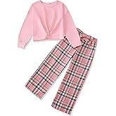 XUANHAO Girls Clothes Fashion Twist Front Pullover Top Plaid Pants Girls Clothing Sets Winter Fall Outfits for Girl Size 7-14