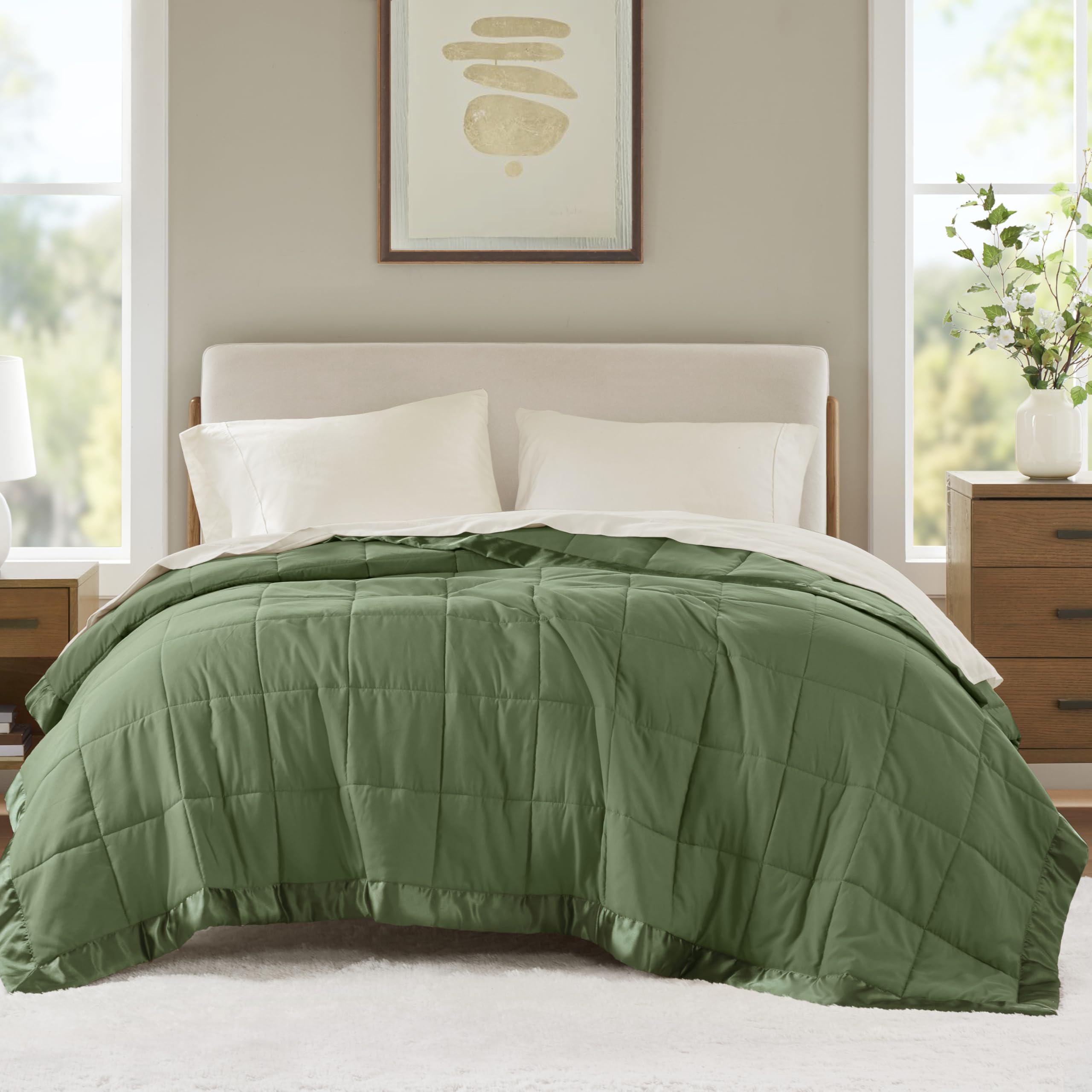 Photo 1 of Madison Park King Blanket Quilted Microfiber, Satin Binding, 3M Scotchgard Moisture Wicking Treatment, Soft and Lightweight Summer Blanket for Couch, Windom, King, Green