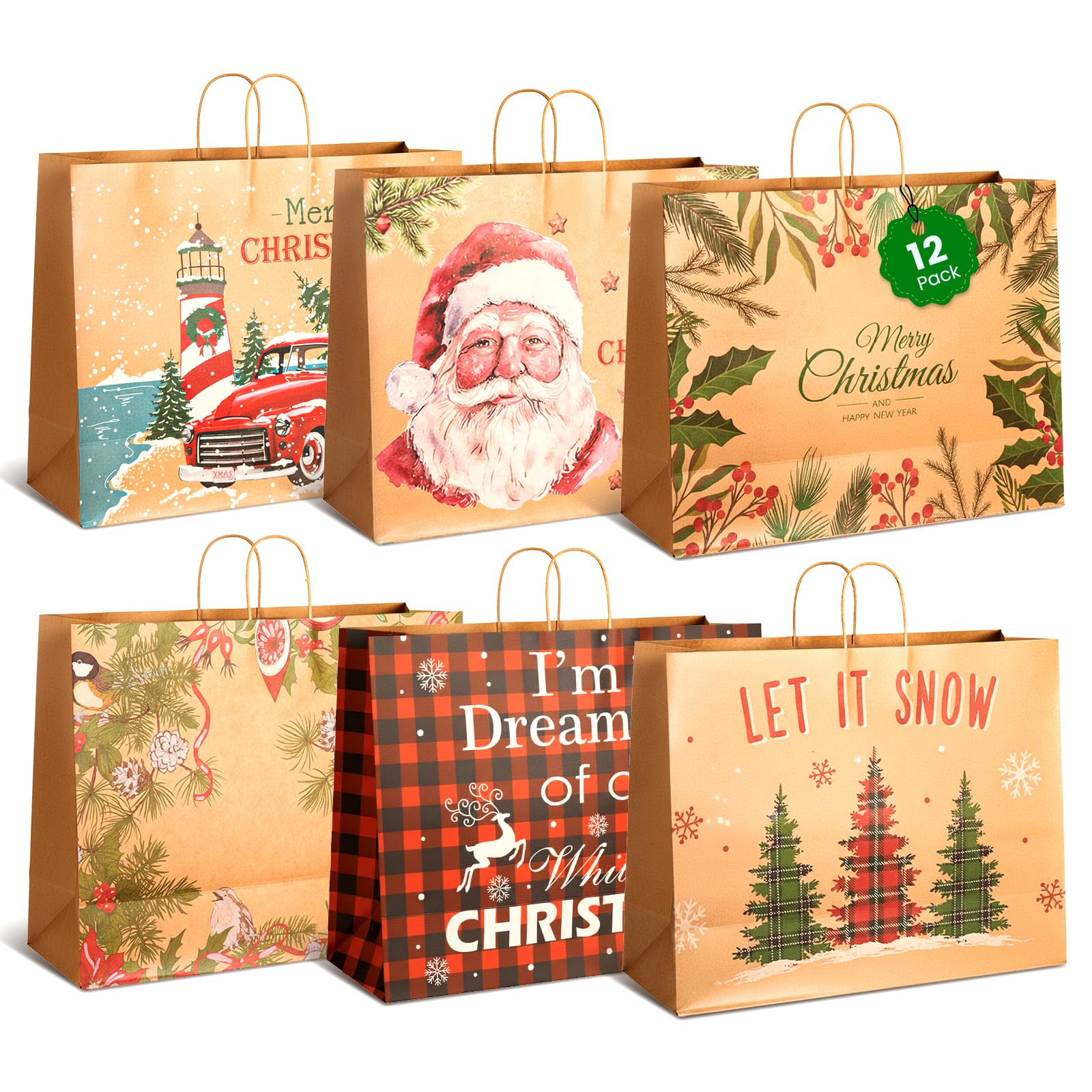 Photo 1 of 12Pcs Extra Large Christmas Gift Paper Bags with Handles, Jumbo Xmas Kraft Paper Bags, 20'' x 7''x 15'' Reusable Large Holiday Paper Bag, Xmas Party Favor Bag for Family, Friends, Kids, Teachers, Christmas Decorations (Colorful)