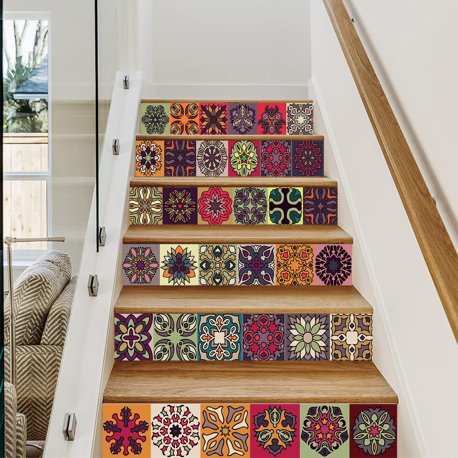 FLFK Mexican Talavera Tile Sticker for Kitchen and Bathroom Backsplash,Stair Riser Peel and Stick Vinyl Decal 100CMx18CMx6pieces