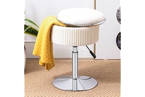 DURFII Round Storage Vanity Stool, 360°Swivel Height Adjustable Stool Chair, Beige Vanity Stool Chair for Makeup Room, Velvet Stool for Vanity With Storage, Vanity Ottoman Chair for Bathroom Living Room