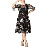 Kiyonna Plus Size Wildflower Midi Embroidered Cocktail Dress | Formal Dress for Party, Wedding Guest, or Special Occasion