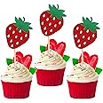 24 PCS Strawberry Cupcake Toppers Red Glitter Fruit Theme Berry Strawberry Cupcake Picks for Summer Sweet Fruit Baby Shower Kids Birthday Party Cake Decorations Supplies Red