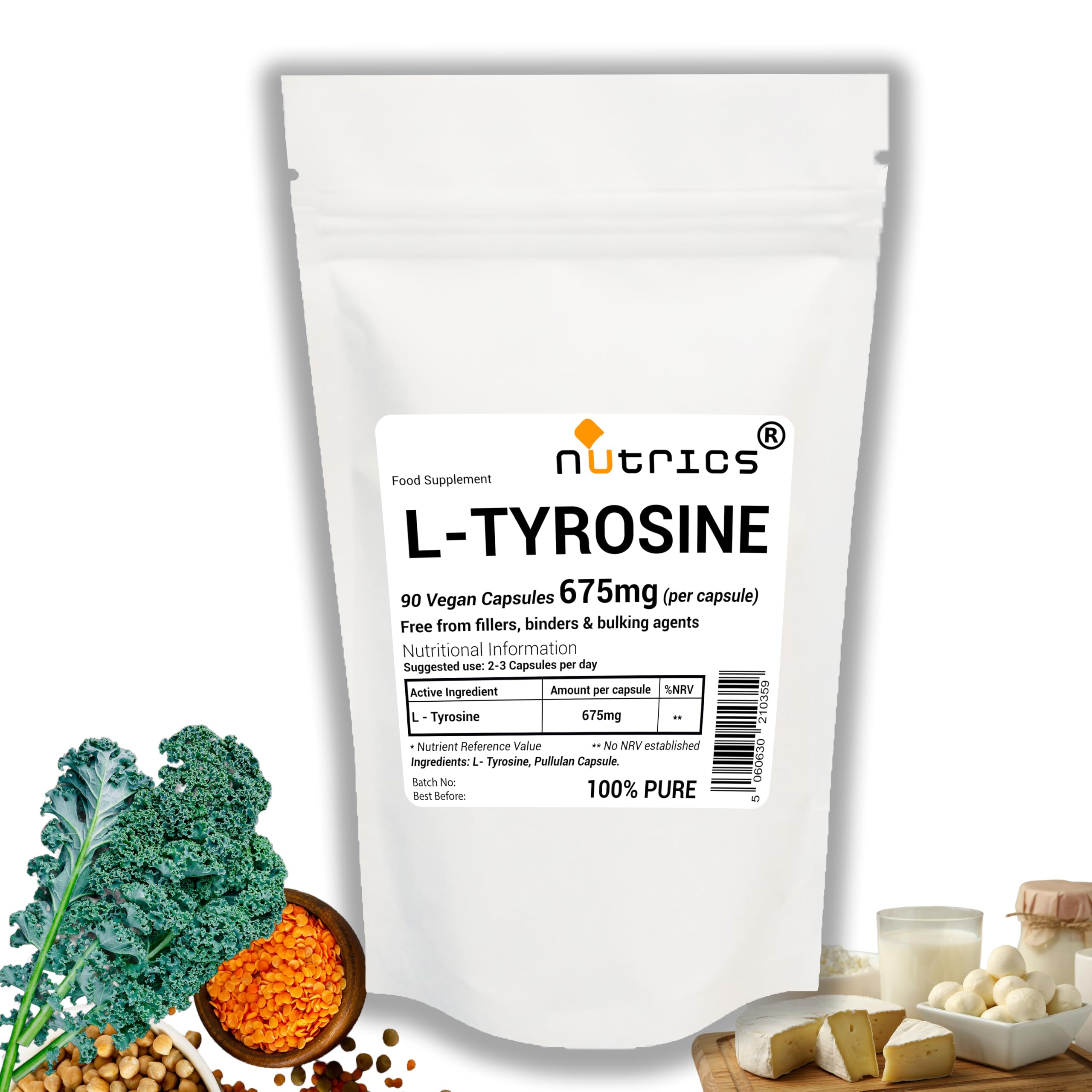 Nutrics® L TYROSINE 675mg x 90 Vegan Capsules - Free from fillers Binders & Bulking Agents - Suitable for Vegan Vegetarian