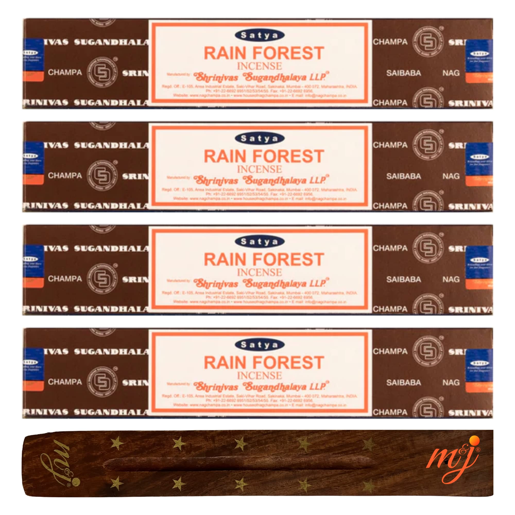 Original Satya Nag Champa Rain Forest Incense Sticks | with M&J incense sticks holder | x4 pack | for Aromatherapy, Spa, Yoga, Weddings, Meditation, Healing, Positivity and Relaxation — image 1