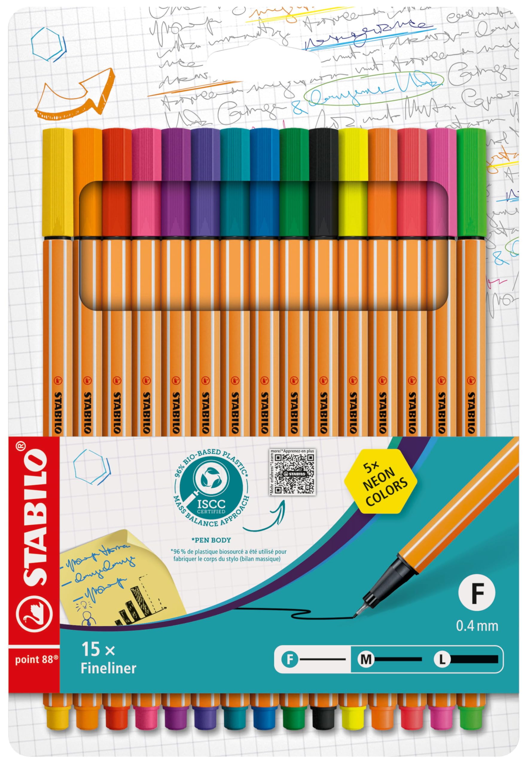 STABILO point 88 - Fineliner - Pack of 15 - Assorted Colours including 5 Neon Colours