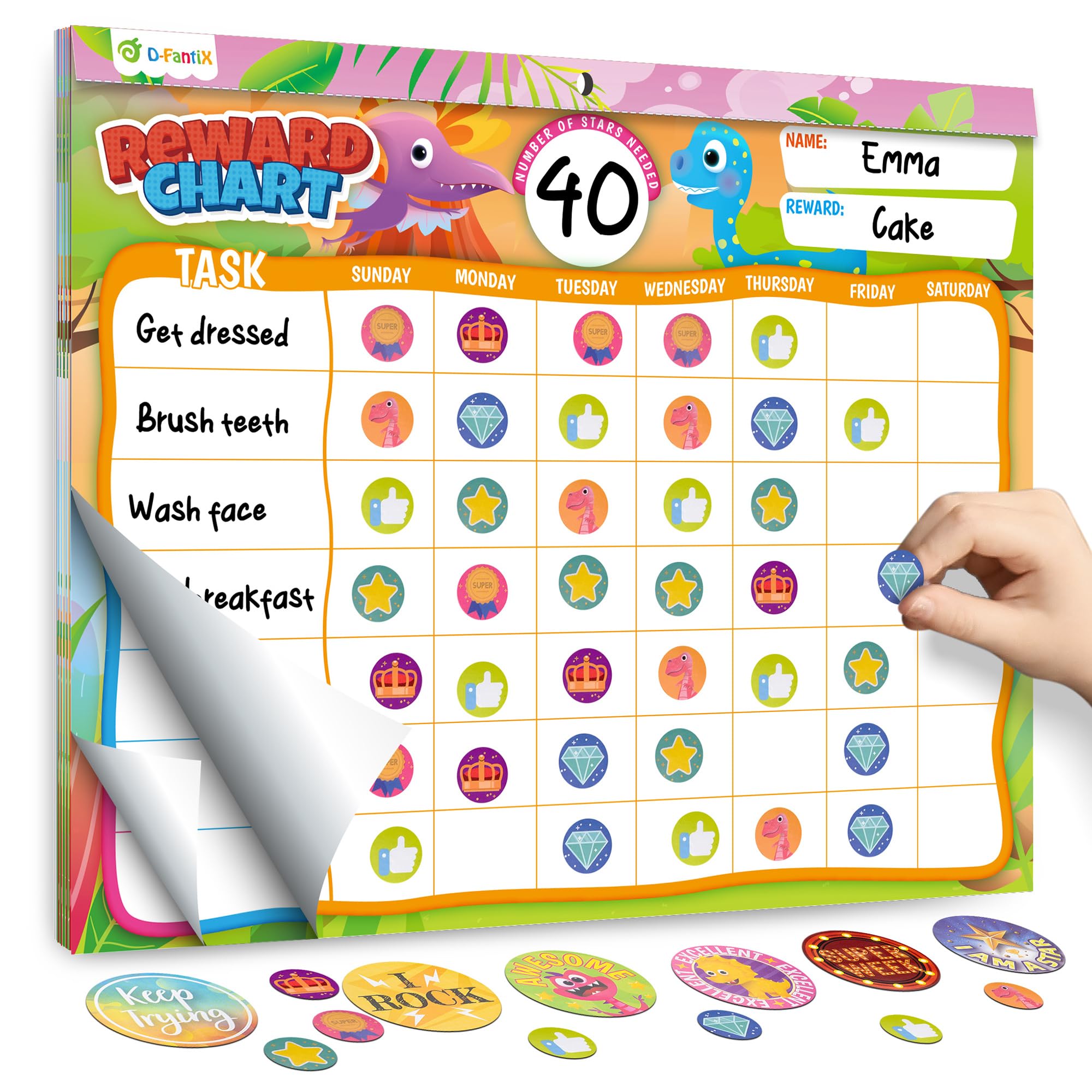 D-FantiX Magnetic Reward Chart for Kids - Behavior Chart Pad with 27 Chores Chart for Children, Dinosaur Reward Sticker Charts Motivate Responsibility & Good Behavior, 2328 Incentive Stickers