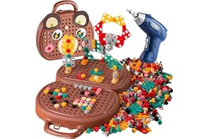 GREWAS Magic Montessori Play Toolbox, Magic Montessori Play Toolbox Bear with Drill, 204 Pcs Creative Mosaic Puzzle Toy with Electric Drill Screw Tool Set for Kids Ages 3-12 Years Old (Brown)