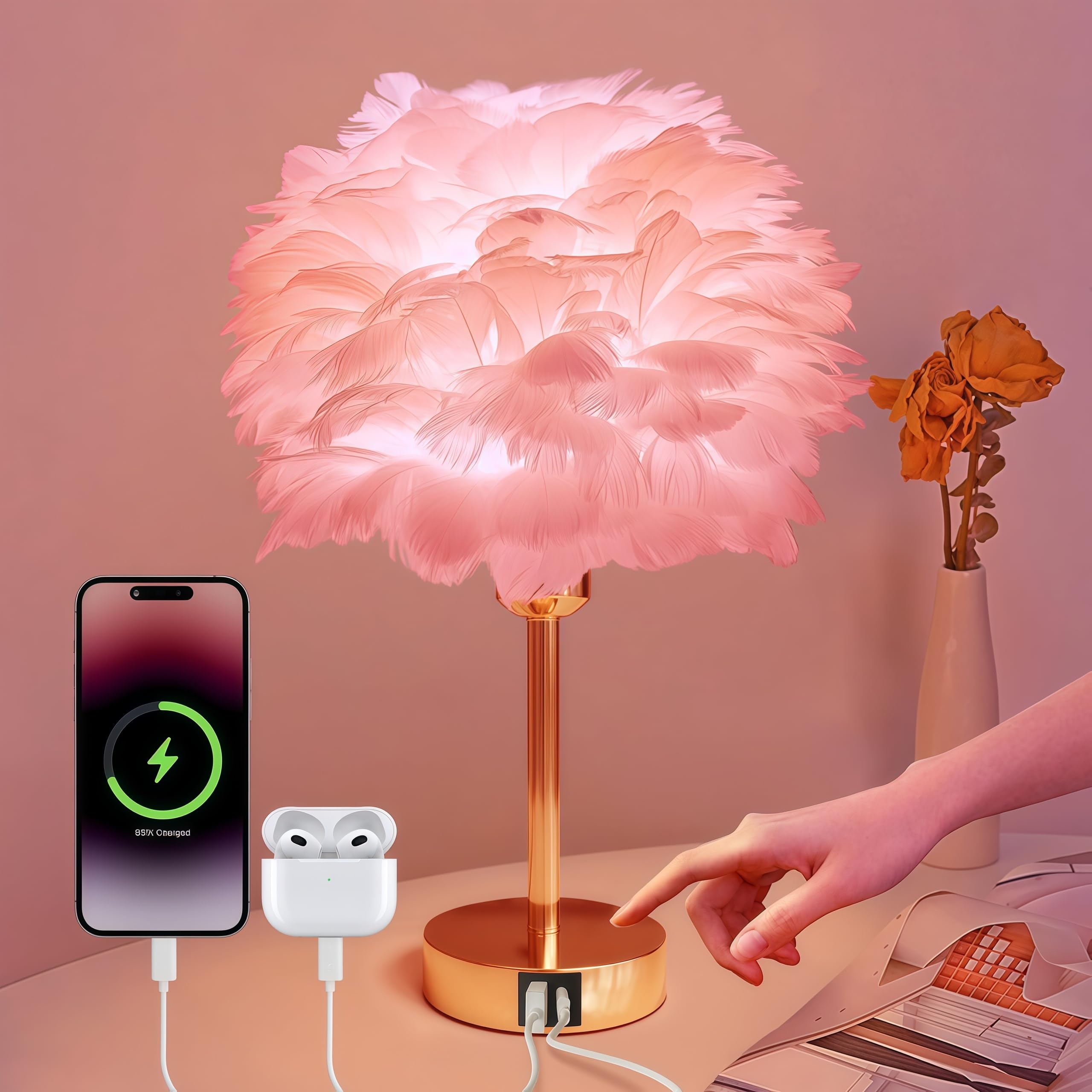 Photo 1 of Nowepai Smart Touch Control Bedside Table Feather Lamp Night Light with USB Charging for Girl, Baby, Alexa Voice Compatible, 9W 800LM Dimmable RGB Color Changing Lamp for Bedroom Nursery Desk Decor