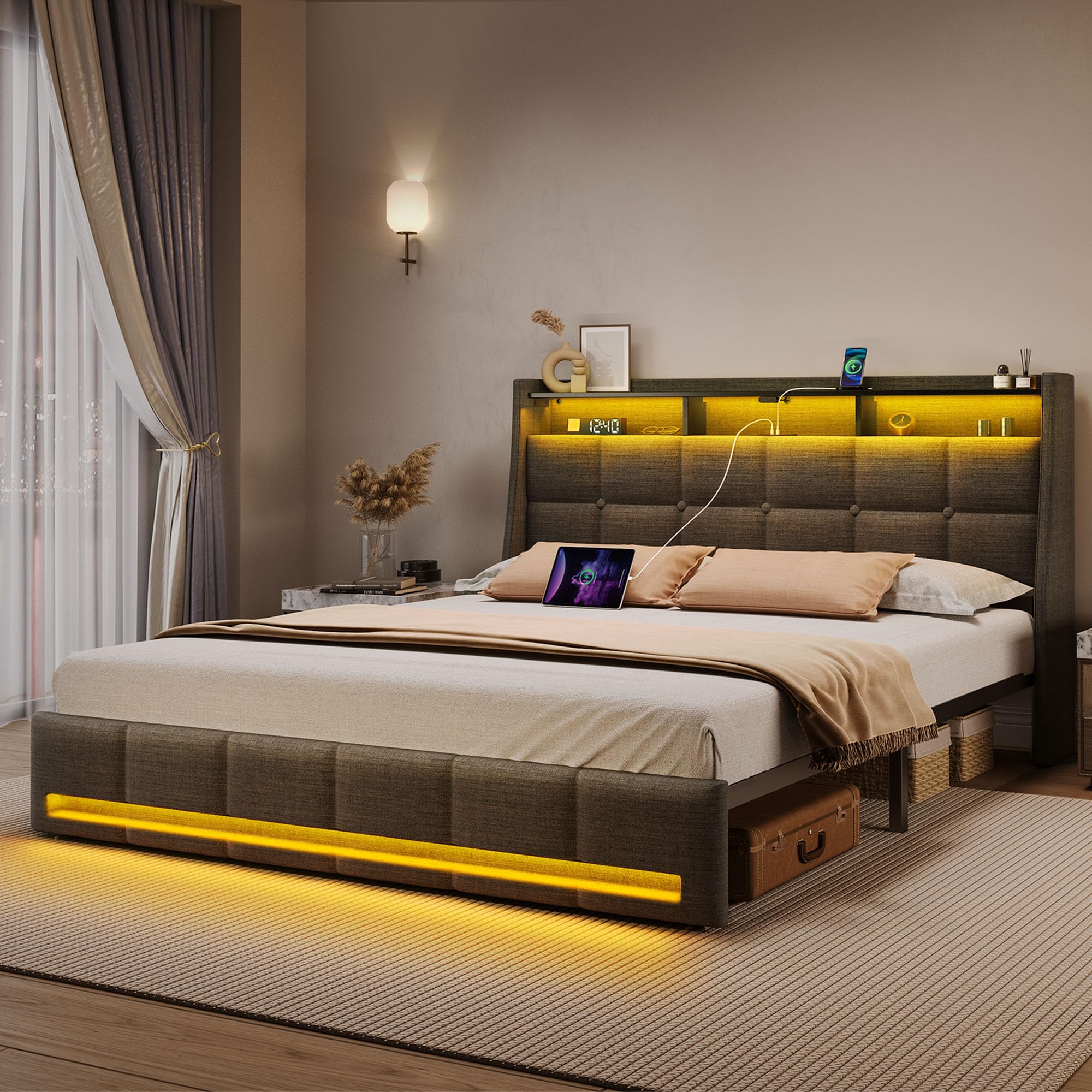 Rolanstar Full Size Bed Frame with LED Lights and Charging Station, Upholstered Headboard with 2-Tier Storage Shelves, Heavy Duty Metal Frame, Noise-Free Support, Easy Assembly, No Box Spring Needed Image