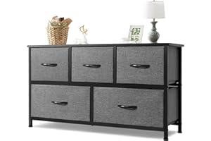 AZL1 Life Concept Extra Wide Dresser Storage Tower with Sturdy Steel Frame, 5 Drawers of Easy-Pull Fabric Bins, Organizer Unit for Bedroom, Hallway, Entryway, 11.4"D x 39.4"W x 21.6"H, Dark Grey