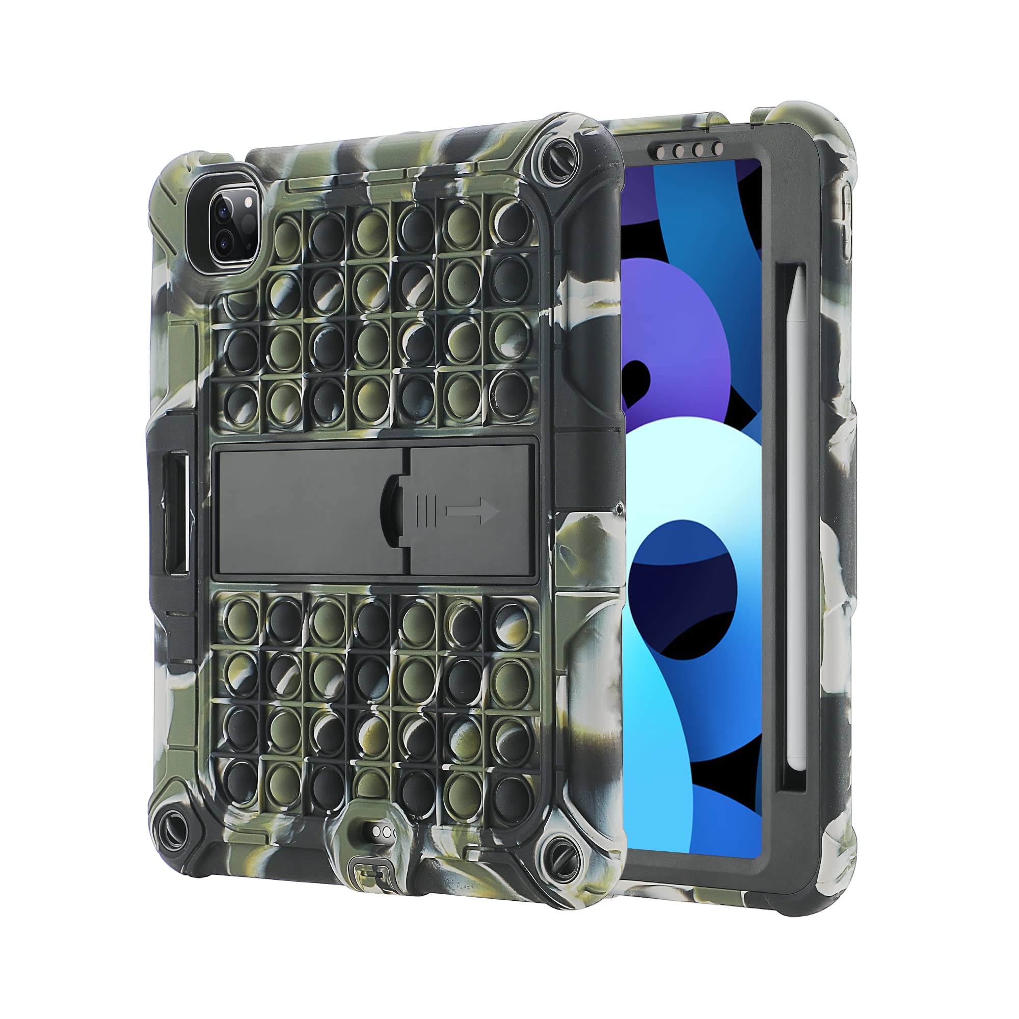 XZC Case for iPad Air 5 10.9 inch 2022 / iPad Air 4 10.9 inch 2020/ iPad Pro 11 inch 2021/2020/2018 Push Pop Bubble Shockproof Cover with Pencil Holder Kickstand Shoulder Strap (Camouflage)