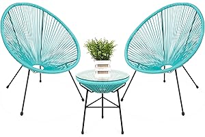 Best Choice Products 3-Piece Outdoor Acapulco All-Weather Patio Conversation Bistro Set w/Plastic Rope, Glass Top Table and 2 Chairs - Light Blue