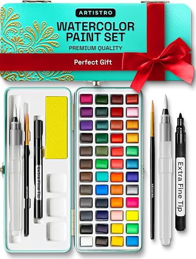 ARTISTRO 50 Watercolor Paint Set Portable Box with Palette Neon Metallic Colors
