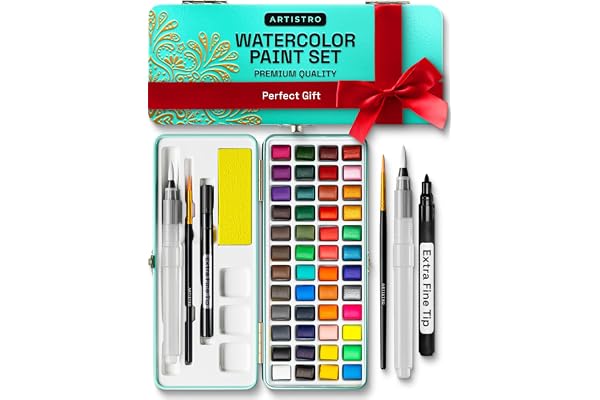ARTISTRO Watercolor Paint Set, Vivid Colors in Portable Box, Palette set, Including Metallic and Fluorescent Colors. Perfect