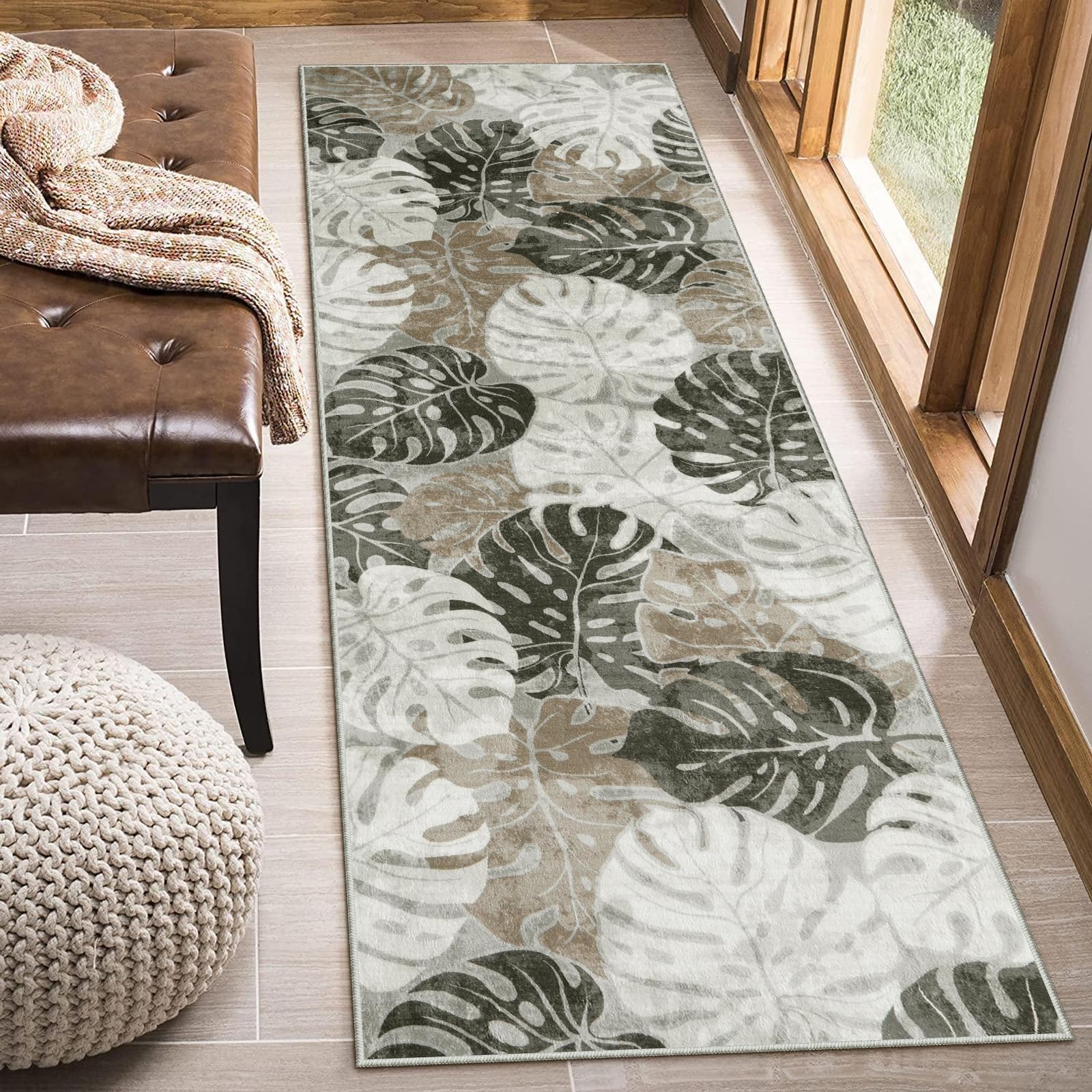 Photo 1 of Wonnitar 2x6 Washable Runner Rug, Monstera Non-Slip Runner Rugs for Hallway Leaf Laundry Room Mat, Tropical Soft Low Pile Entryway Indoor Carpet for Kitchen Bathroom Decor, Khaki