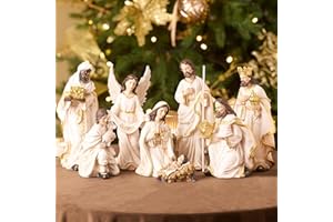 Valery Madelyn Christmas Nativity Set, 8 Piece Nativity Scene Sets & Figures Resin 8'' Holy Family, White Gold Christmas Jesus Religious for Holiday Indoor Xmas Gift Table Decorations