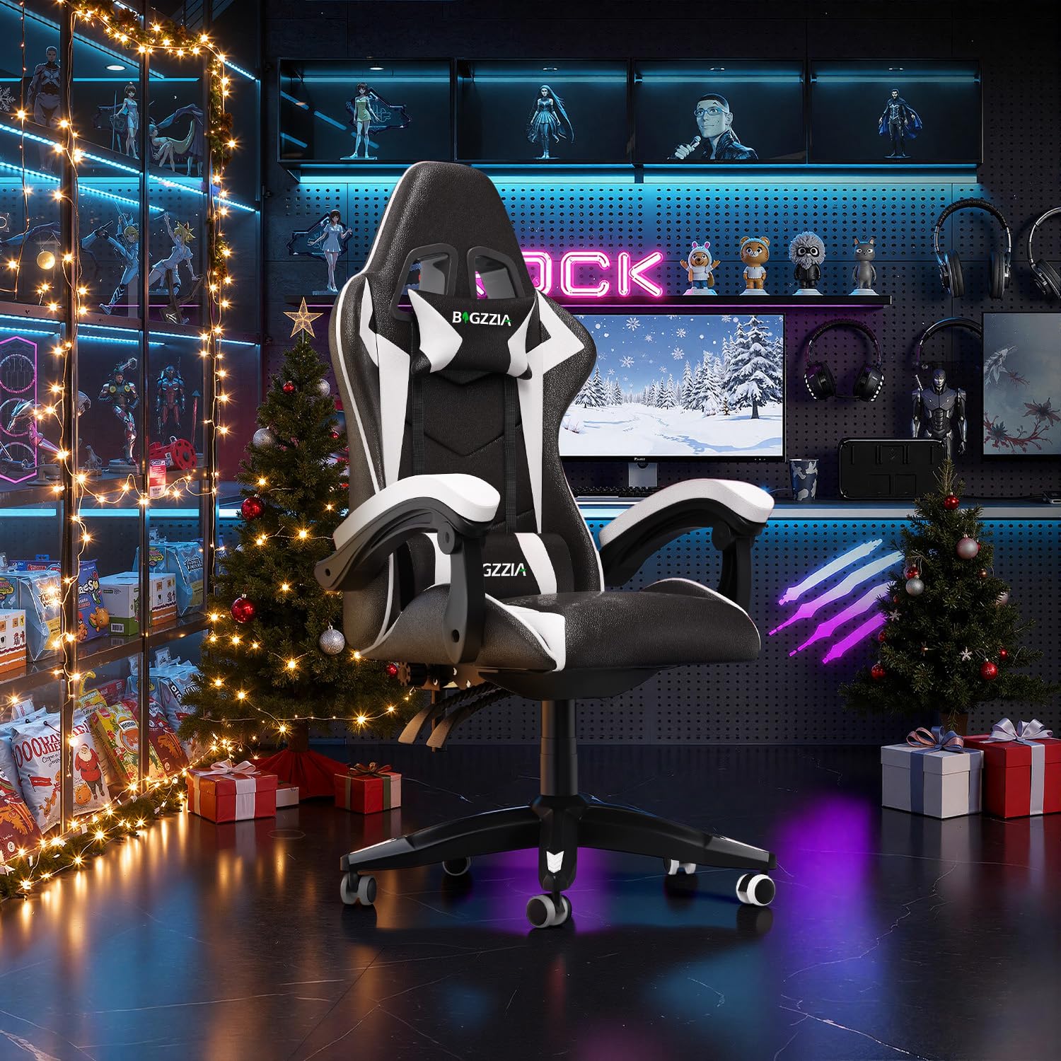 bigzzia Gaming Stuhl Ergonomisch Gaming Chair mit Lendenkissen und Kopfstütze, Gamer Stuhl Höhenverstellbar, Pc Stuhl für Erwachsene Mädchen Junge, Schwarz-weiß 2